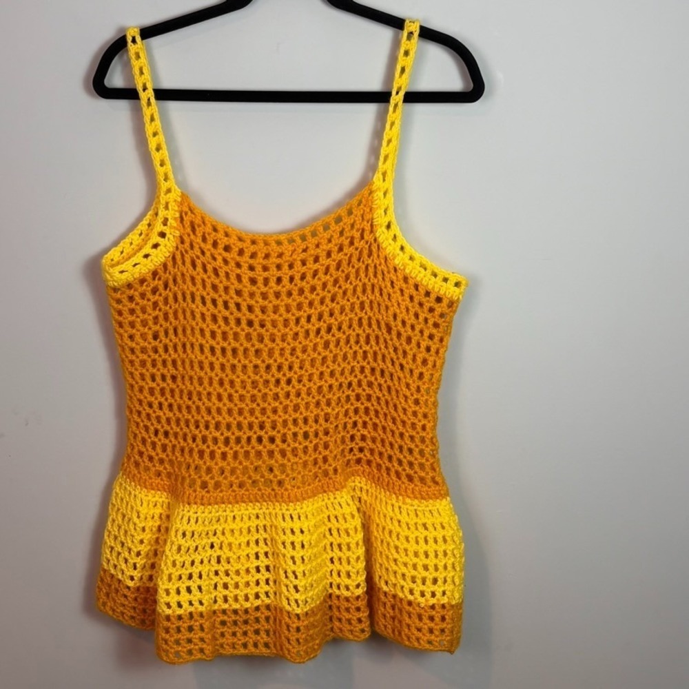 Crochet‎ Orange & Yellow Open Knit Peplum Womens Sleeveless Blouse One Size Boho